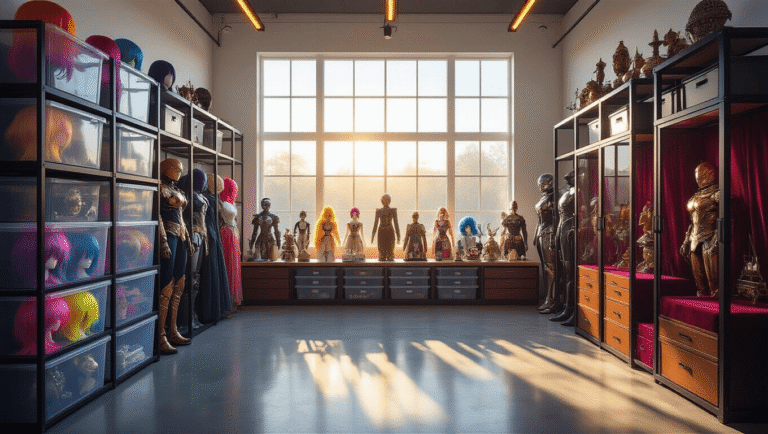 A modern cosplay storage room with polished concrete floors, white walls, and large windows, showcasing vibrant accessories in transparent bins, metallic armor, and intricate props, all illuminated by golden hour sunlight and warm LED strips.