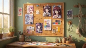 Cinematic close-up of a cork bulletin board on a sage green wall, adorned with anime prints, fabric swatches, and colorful push pins, illuminated by warm golden hour light, featuring a cozy craft room atmosphere with vintage wooden desk and mason jars, showcasing organized creative chaos and inviting workspace mood.