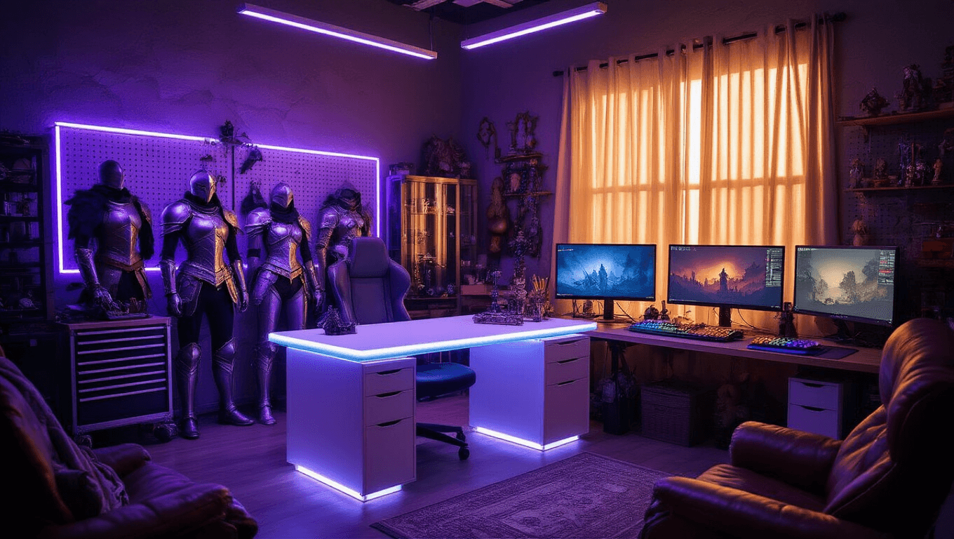 A spacious cosplay workshop illuminated by purple-blue RGB LED lights, featuring a floating white desk with underglow, elaborately dressed mannequins, organized crafting tools on pegboards, and contrasting sunlight filtering through blackout curtains.