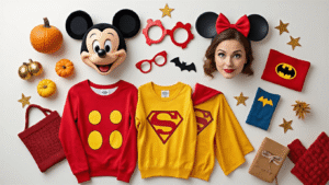 A flat lay of couples Halloween costume elements featuring Mickey Mouse ears, red and yellow ketchup and mustard shirts, cozy pajamas, superhero capes, and vintage accessories, arranged on a clean white background with soft golden lighting, creating a festive and cheerful atmosphere.