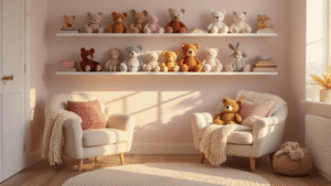 Cinematic wide shot of a cozy bedroom corner with plushie collection on white floating shelves, cream reading chair with chunky knit throw, hardwood floors, and warm golden hour lighting creating an inviting atmosphere.