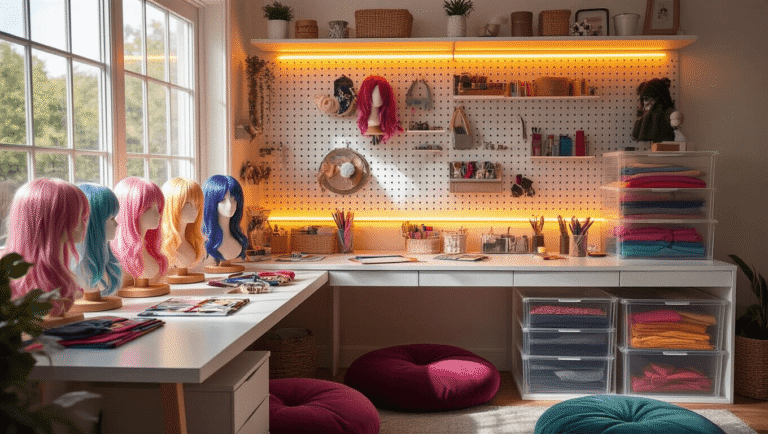 A cozy cosplay crafting corner with warm LED lights, a white desk filled with colorful wigs on stands, neatly organized supplies in clear containers, jewel-toned floor cushions, and anime figurines in the background, illuminated by natural light.