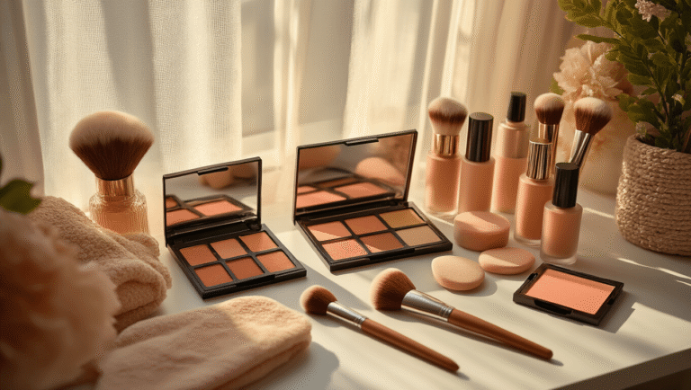 A cozy makeup vanity with peach eyeshadow palettes, fluffy brushes, foundation bottles, and beauty sponges, all bathed in warm golden light and soft natural illumination from sheer curtains.