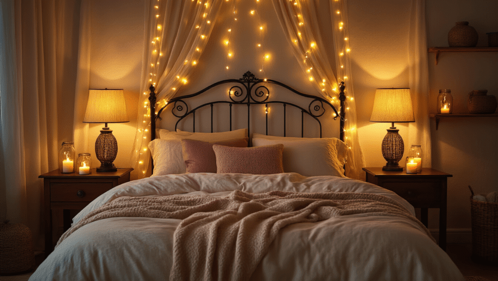 Cinematic nighttime bedroom with warm layered lighting, golden fairy lights on a wrought iron headboard, amber lamps on mahogany nightstands, flickering flameless candles, cream linen bedding, cashmere pillows, and a cozy atmosphere enhanced by rich textures and soft golden hour ambiance.