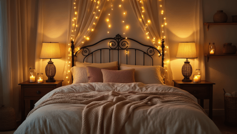 Cinematic nighttime bedroom with warm layered lighting, golden fairy lights on a wrought iron headboard, amber lamps on mahogany nightstands, flickering flameless candles, cream linen bedding, cashmere pillows, and a cozy atmosphere enhanced by rich textures and soft golden hour ambiance.