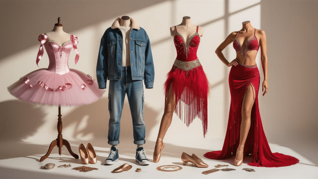 A collection of diverse dance costumes including a pink ballet tutu, hip-hop outfit, and red Latin dress, arranged in a warm dance studio with soft golden lighting and a clean white backdrop.