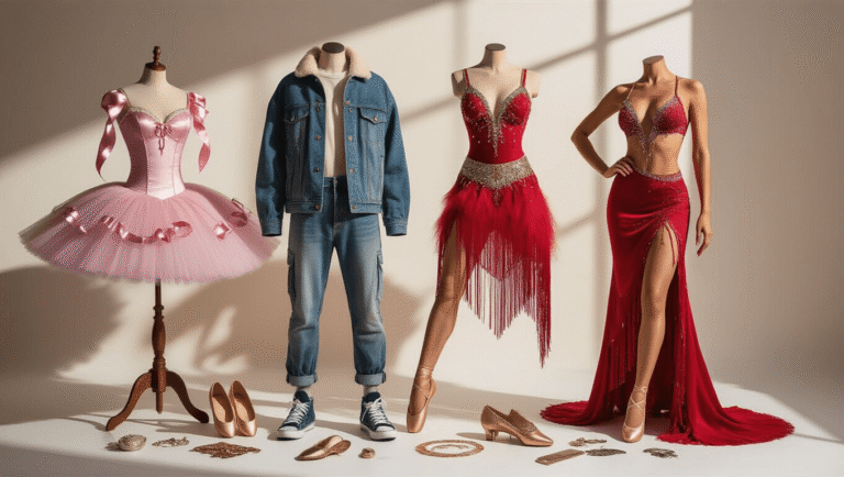 A collection of diverse dance costumes including a pink ballet tutu, hip-hop outfit, and red Latin dress, arranged in a warm dance studio with soft golden lighting and a clean white backdrop.