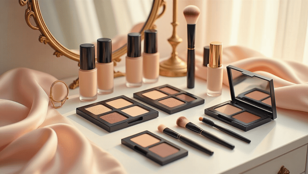 A serene makeup vanity scene featuring organized cosplay makeup essentials like pale foundation, neutral contour palettes, and brown eyeshadow on a clean white surface, illuminated by soft golden hour lighting, creating a cozy atmosphere for anime character makeup artistry.