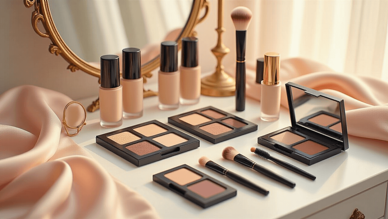 A serene makeup vanity scene featuring organized cosplay makeup essentials like pale foundation, neutral contour palettes, and brown eyeshadow on a clean white surface, illuminated by soft golden hour lighting, creating a cozy atmosphere for anime character makeup artistry.