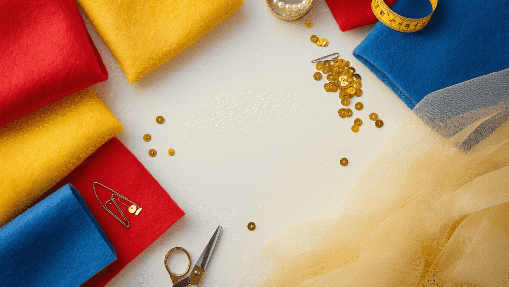 Disney Costumes: Your Ultimate Guide to Magical Dress-Up Magic! A flat lay of vibrant Disney costume crafting supplies, including colorful felt, golden sequins, safety pins, measuring tape, scissors, pearl accessories, and soft tulle fabric, all set against a clean white background with warm golden hour lighting creating a cozy, inspiring atmosphere.