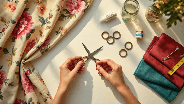 Close-up overhead shot of a DIY curtain crafting workspace featuring vintage floral fabric, fabric scissors, brass curtain rings, no-sew glue, colorful scarves, linen swatches, measuring tape, and decorative clips, all in warm golden hour lighting.