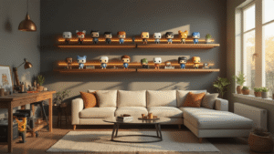Cinematic wide shot of a modern living room with DIY floating shelves on a charcoal gray wall displaying colorful Funko Pop and anime collectibles, illuminated by warm golden hour sunlight. The scene features a cream sectional sofa, glass coffee table, workshop tools on a wooden workbench, and soft LED backlighting, creating a cozy atmosphere with natural wood textures, small succulents, and brass accent lighting.