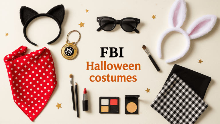 Flat lay of DIY Halloween costume essentials on a white surface, featuring black cat ears, an FBI badge, red polka dot bandana, sunglasses, white bunny ears, eyeliner pencils, a small makeup palette, and black and white fabric swatches, all illuminated by warm golden hour lighting.