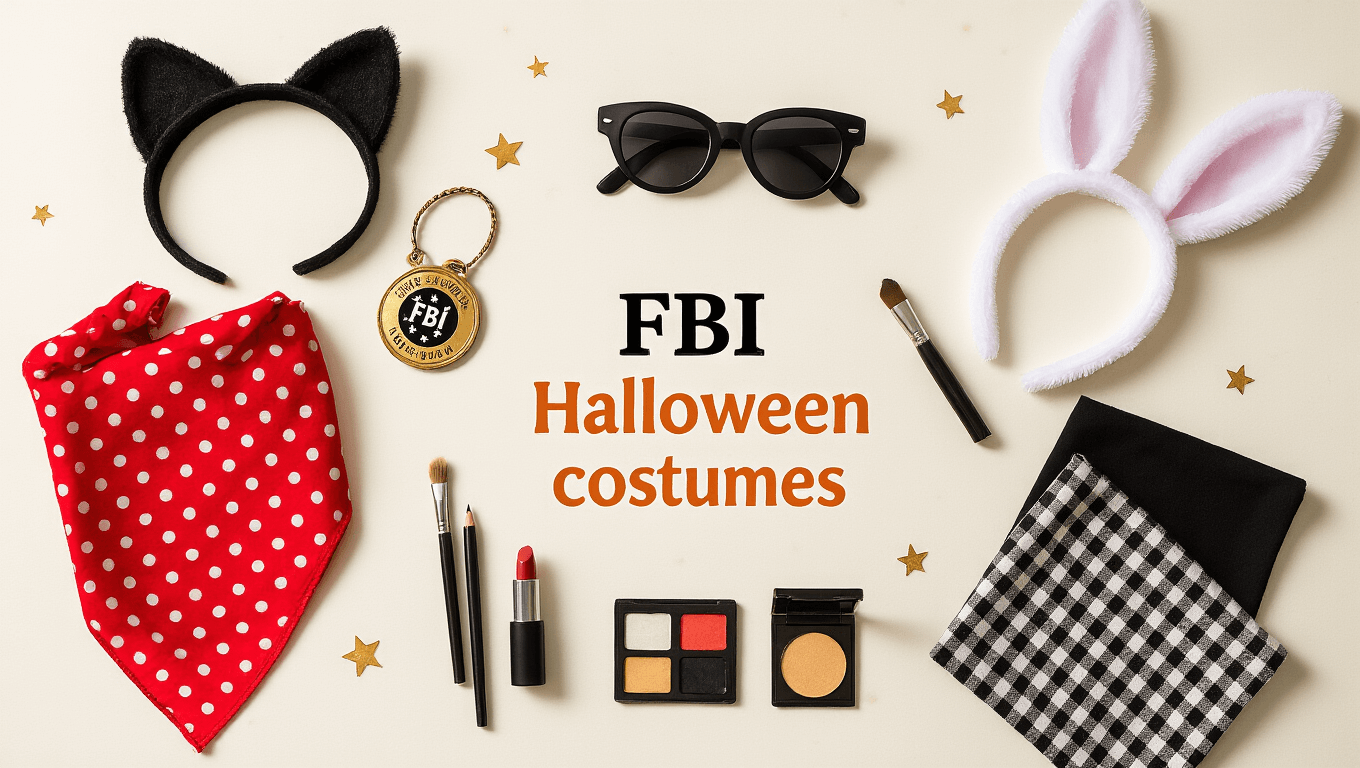 Flat lay of DIY Halloween costume essentials on a white surface, featuring black cat ears, an FBI badge, red polka dot bandana, sunglasses, white bunny ears, eyeliner pencils, a small makeup palette, and black and white fabric swatches, all illuminated by warm golden hour lighting.