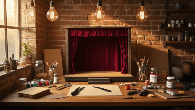 Cinematic overhead view of a mahogany craft workbench with warm lighting, showcasing a half-constructed mini theater stage, velvet backdrop, scattered craft supplies, and golden hour sunlight illuminating the scene.