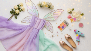 Whimsical flat lay of pastel chiffon fabric, iridescent fairy wings, fresh white roses, DIY craft supplies, and ballet flats on a clean white background with warm lighting.