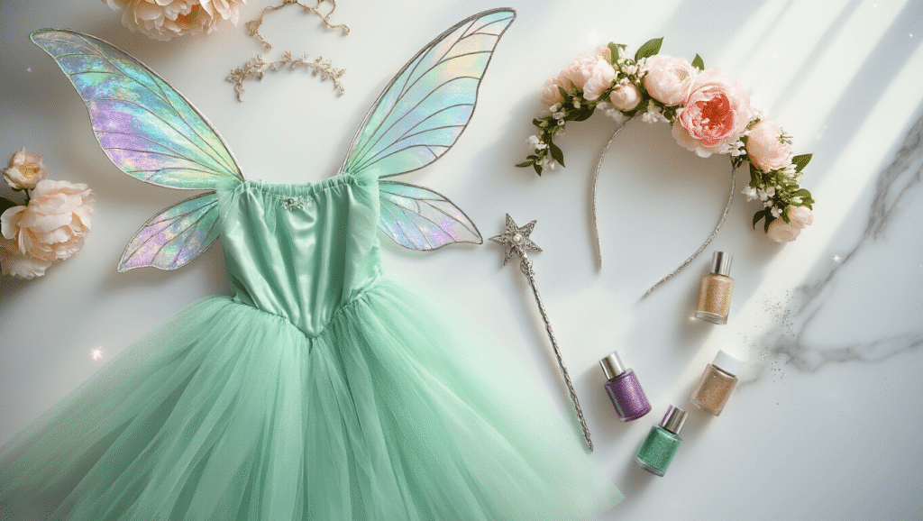 Magical Fairy Halloween Costumes: Your Ultimate Guide to Enchanting Looks Flat lay of magical fairy costume essentials on white marble: mint green tulle dress, iridescent wings, flower crown, pointed elf ears, crystal-tipped wand, and body glitter, illuminated by soft natural light.