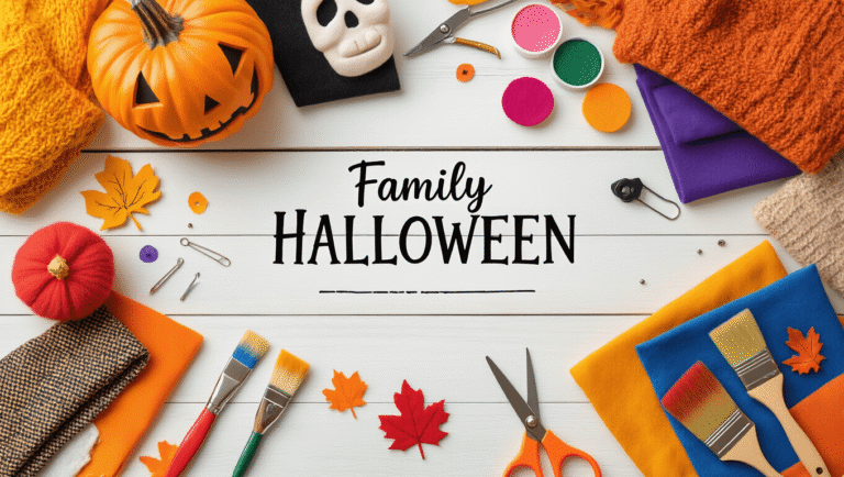 A flat lay of colorful Halloween costume crafting materials including felt, fabric swatches, scissors, and paint brushes on a clean white surface, illuminated by soft golden hour lighting.