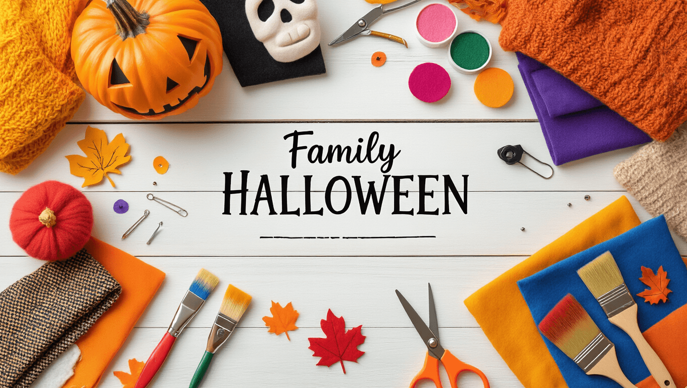 A flat lay of colorful Halloween costume crafting materials including felt, fabric swatches, scissors, and paint brushes on a clean white surface, illuminated by soft golden hour lighting.