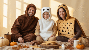 A family dressed as s'mores ingredients: one in a chocolate brown costume, another in a fluffy white marshmallow outfit, and the third in a golden graham cracker ensemble, set in a warm autumn atmosphere with cozy lighting and rustic props.