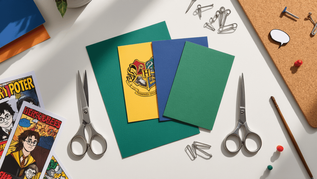 Cinematic overhead view of a clean white desk adorned with vibrant Hogwarts-themed crafting materials, including colorful cardstock, silver scissors, scattered metallic pushpins, character images, comic speech bubbles, and 3D wand replicas, all set in soft diffused lighting.