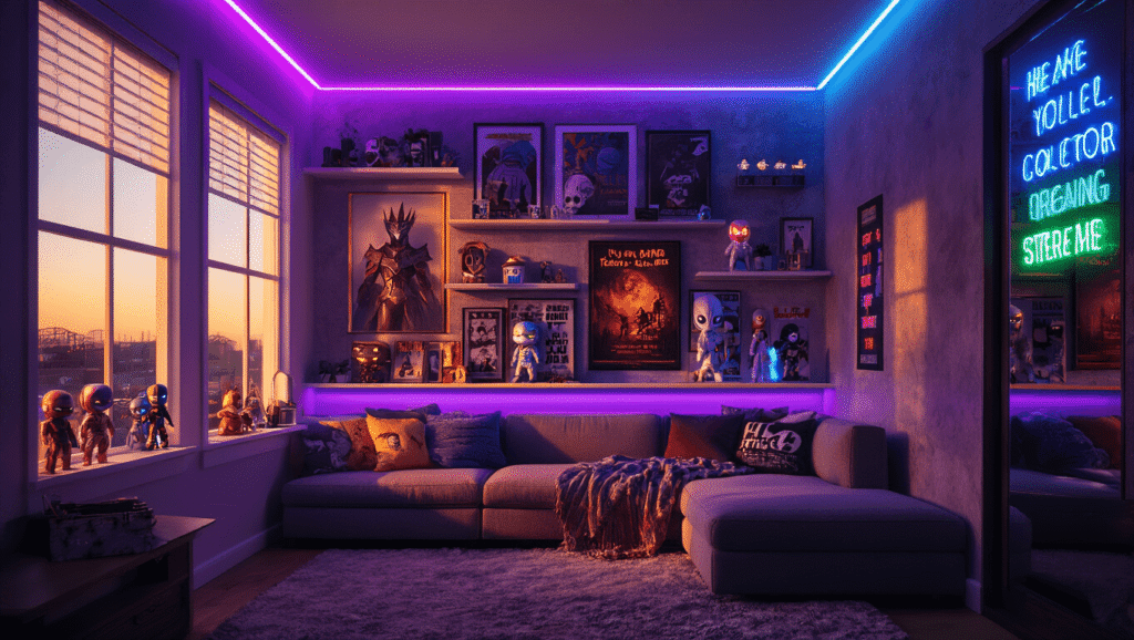 Cinematic interior of a modern fandom room with programmable LED strip lights in purple and blue, featuring character-themed collectibles on floating shelves, a cozy sectional sofa with fandom throw pillows, and illuminated walls adorned with framed posters and neon signs, all enhanced by golden hour light and rich textures.