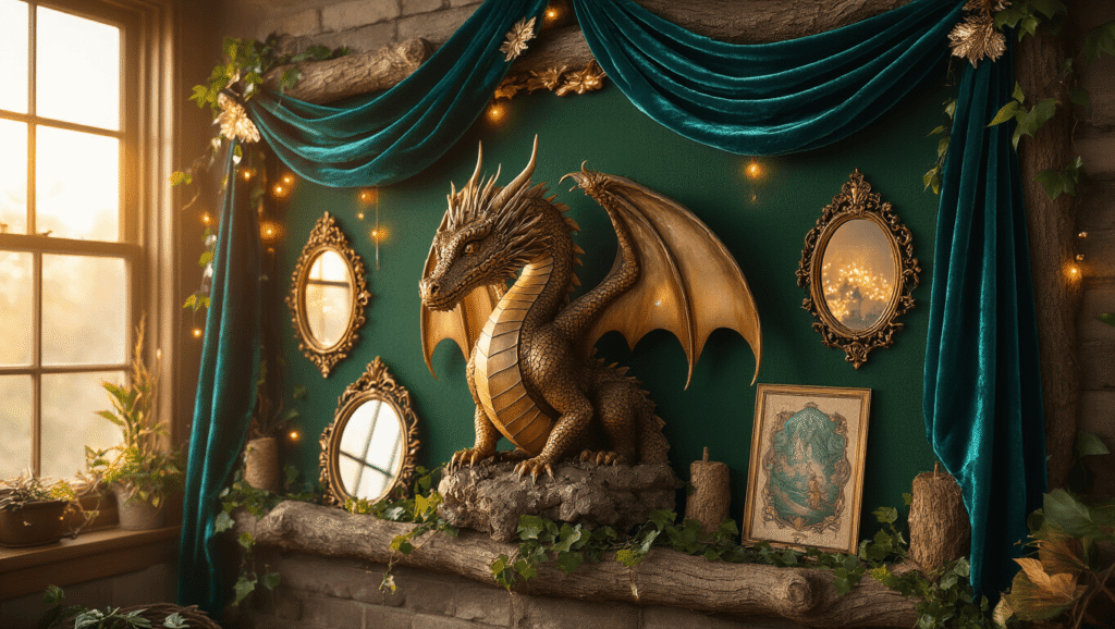 A fantasy bulletin board display featuring a majestic dragon statue, surrounded by jewel-toned velvet fabric and ornate magical mirrors, with warm sunlight creating amber glows across emerald and sapphire textures.