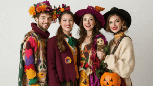 Four individuals in vibrant Halloween costumes with DIY accessories and nostalgic elements, showcasing rich colors and textured fabrics. The warm studio lighting creates a cozy atmosphere against a clean white background, highlighting their creative makeup, statement jewelry, and playful props.