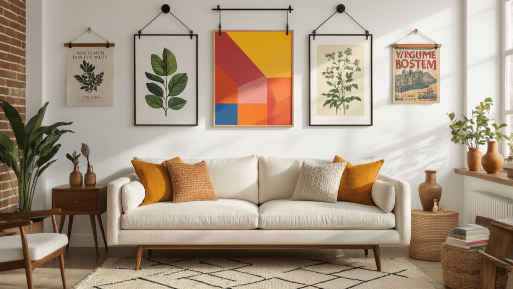 A modern living room bathed in golden hour light, featuring colorful geometric posters held by vibrant washi tape, sleek black clips, and a rail system for rotating art. The space is adorned with mid-century walnut furniture, a cream linen sofa, brass accents, and a jute rug, with warm shadows highlighting exposed brick walls and vintage clip hangers for movie posters. Soft morning light streams through the windows, creating a cozy, creative atmosphere filled with books and plants.