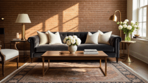A beautifully styled living room with a charcoal velvet sofa and cream throw pillows, featuring fresh white peonies, a brass lamp, and an exposed brick wall, all illuminated by warm golden hour light.