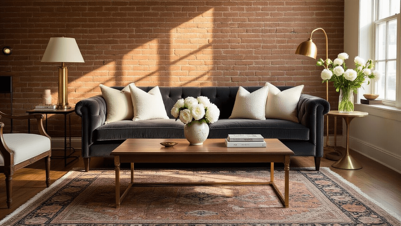 A beautifully styled living room with a charcoal velvet sofa and cream throw pillows, featuring fresh white peonies, a brass lamp, and an exposed brick wall, all illuminated by warm golden hour light.