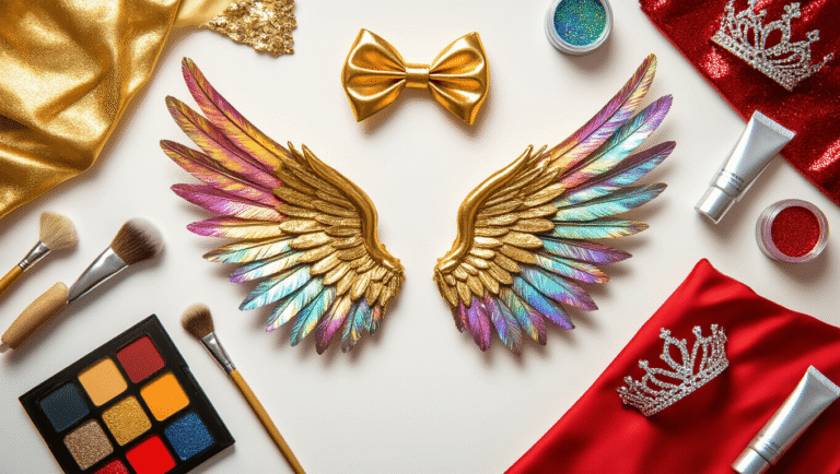 A flatlay of vibrant Halloween costume accessories, including shimmering angel wings, a golden bow and arrow, colorful makeup palettes, glitter containers, a superhero tiara, silver body paint, and red dress fabric, arranged on a white surface with warm golden lighting highlighting their textures.