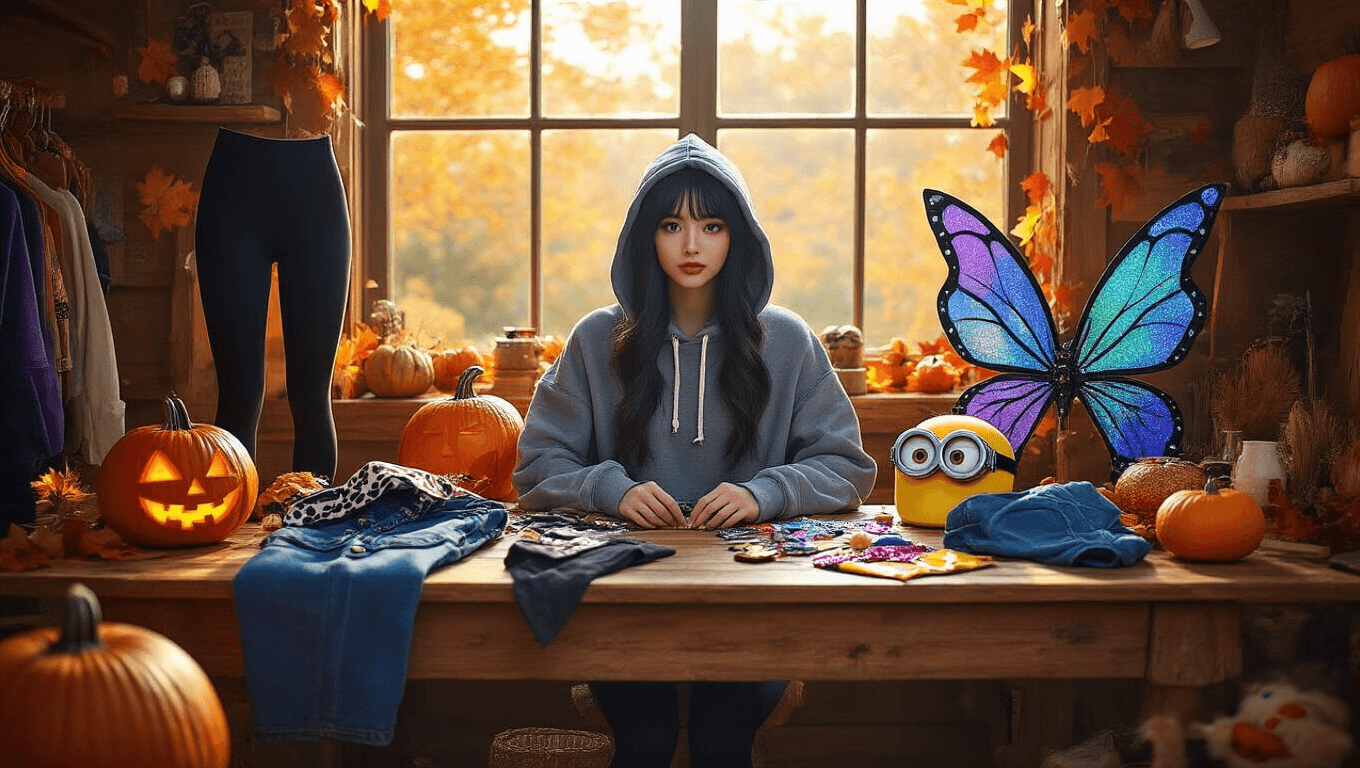 Cozy autumn craft room with Halloween costume pieces arranged on a rustic wooden table, featuring leggings, hoodies, wigs, fairy wings, cowboy bandana, Disney accessories, and Minions goggles, under warm golden hour lighting, surrounded by pumpkins and fall leaves in an orange and purple palette.