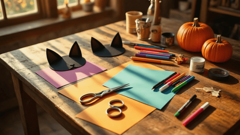 Cozy DIY Halloween costume crafting station on a rustic wooden table, featuring scissors, markers, paper, glue gun, cat ears, and craft materials, illuminated by warm afternoon sunlight.