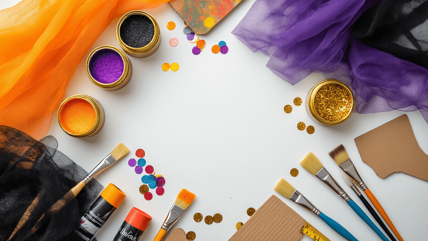 Flat lay of colorful Halloween costume-making supplies, including fabric paints, glitter, tulle, scissors, paintbrushes, sequins, cardboard cutouts, and measuring tape on a clean white background, illuminated by warm golden hour lighting.