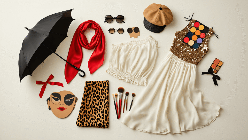 Flat lay of Halloween costume essentials including a vintage black umbrella, red silk scarf, leopard print fabric, flowing white dress, sequined top, round sunglasses, paint-splattered beret, colorful cardboard cutouts with ribbons, and makeup brushes beside a golden eyeshadow palette, all styled on a clean white surface with warm natural lighting and cozy textures.