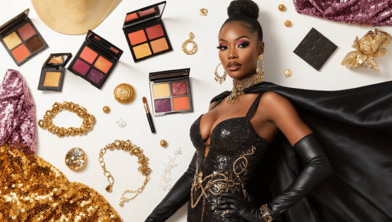 A confident Black woman in a glamorous Halloween costume with a flowing cape and metallic accessories, surrounded by makeup palettes, sequined fabrics, and golden jewelry on a white surface, illuminated by warm natural light showcasing the textures of silk and leather.