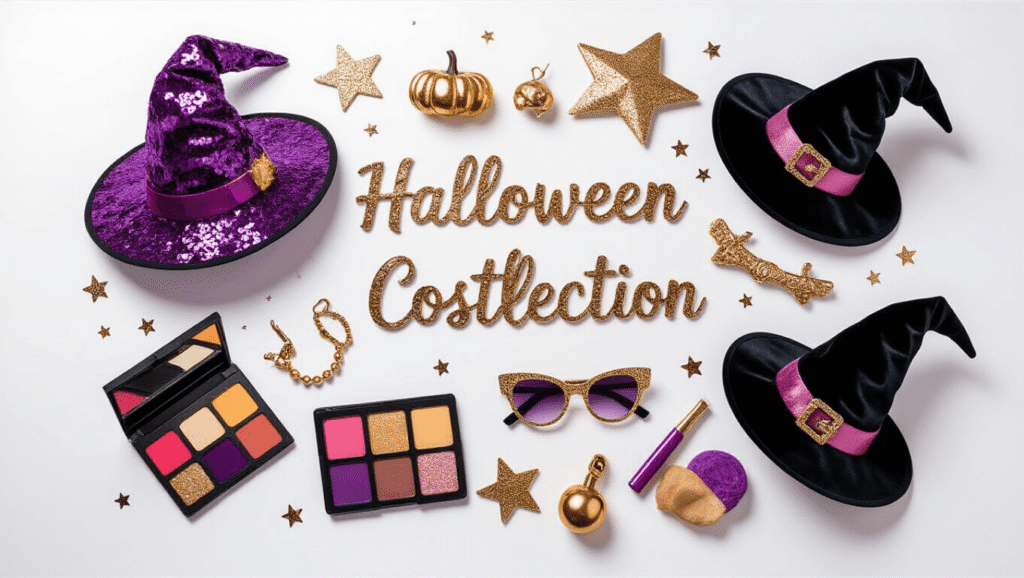Warm flat lay of trendy Halloween costume elements, featuring sparkly sequined fabrics, velvet textures, golden accessories, colorful makeup palettes, witch hats, pop star props, and DIY crafting supplies on a clean white background, all illuminated by soft natural lighting, with pops of purple, gold, and rose gold.