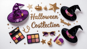 Warm flat lay of trendy Halloween costume elements, featuring sparkly sequined fabrics, velvet textures, golden accessories, colorful makeup palettes, witch hats, pop star props, and DIY crafting supplies on a clean white background, all illuminated by soft natural lighting, with pops of purple, gold, and rose gold.