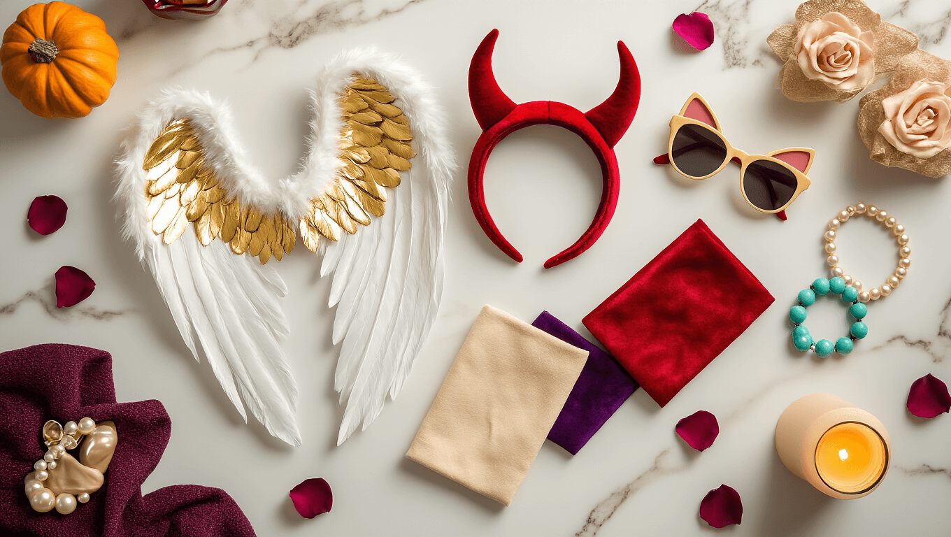 Flat lay of Halloween couple costume elements on marble surface: angel wings, devil horns, peanut butter and jelly fabrics, vintage accessories, and decorative accents with warm lighting and rose petals.