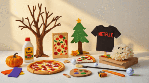 Creative DIY couple costumes including pizza slice, ranch bottle, soap bar, loofah, Bob Ross wig, and golf props arranged on a clean white surface, illuminated by warm golden hour lighting with Halloween-themed accents.
