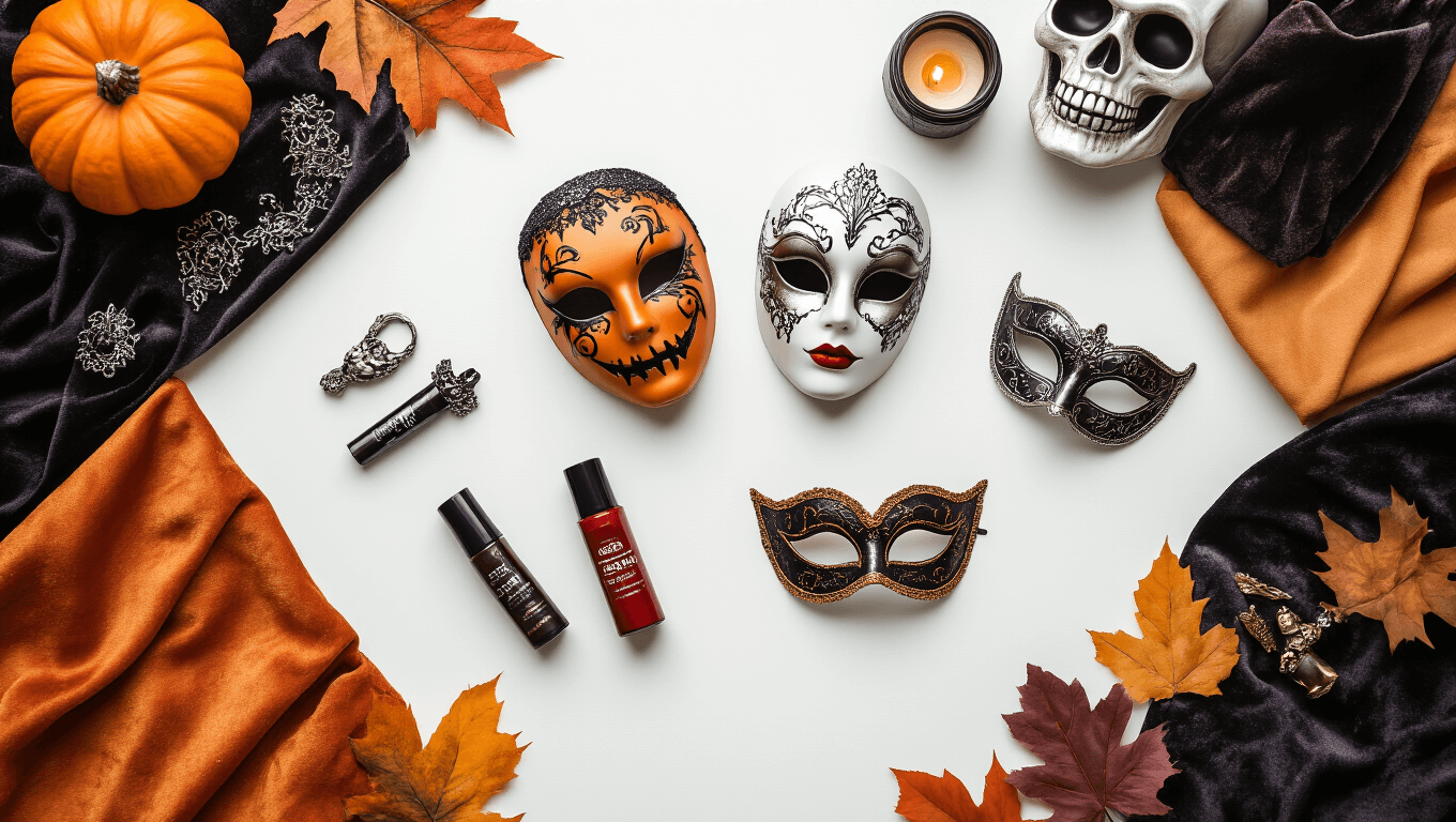 Flat lay of Halloween couples costume elements, featuring vintage orange and black fabric swatches, ornate silver accessories, fake blood makeup tubes, decorative masks, and carved pumpkin details, arranged on a clean white background with warm amber and deep burgundy tones, softened by golden hour lighting and cozy candlelight ambiance.