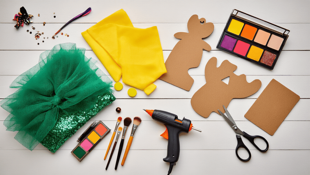 Trending Halloween Costume Ideas for 2025: Your Ultimate Guide to Epic Looks Cozy crafting workspace with Halloween costume materials, including sequined fabric, tulle, foam pieces, cardboard cutouts, a hot glue gun, makeup brushes, and vibrant accessories on a white wooden surface, illuminated by soft warm lighting.