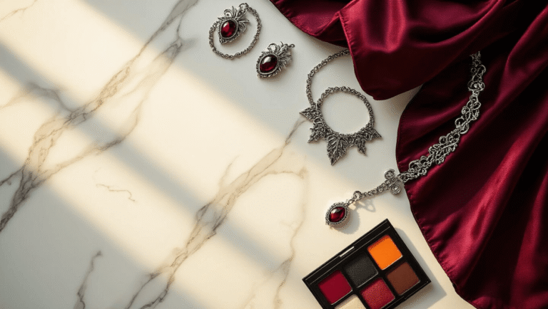 A warm Halloween costume styling scene featuring a burgundy vampire cape, silver jewelry accessories, and a makeup kit on a clean marble surface, illuminated by golden hour lighting that enhances the textures and details.