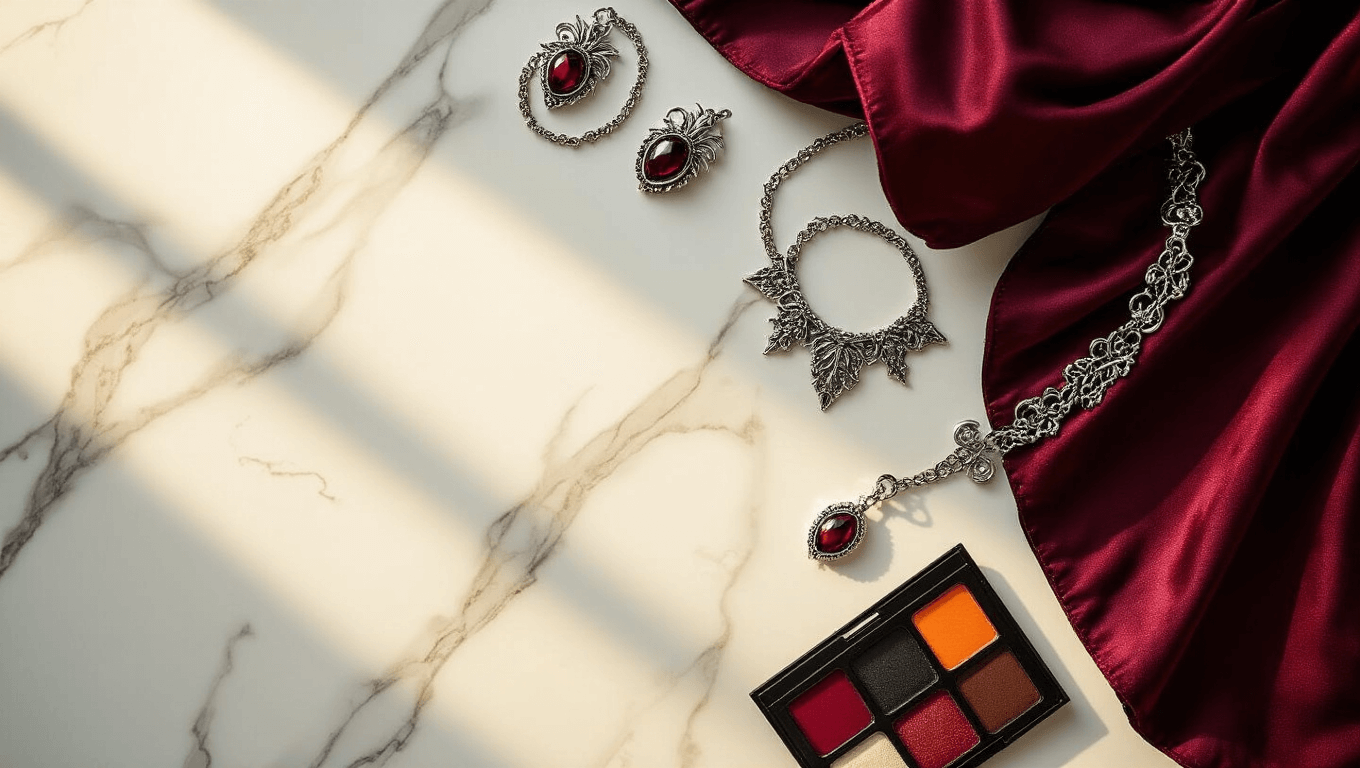 A warm Halloween costume styling scene featuring a burgundy vampire cape, silver jewelry accessories, and a makeup kit on a clean marble surface, illuminated by golden hour lighting that enhances the textures and details.