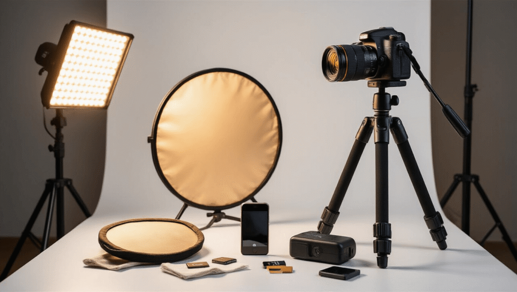 Professional home photography setup with a DSLR camera on a tripod, LED light panel, circular reflector, and smartphone in a clean white studio background, highlighting a creative and technical atmosphere for photographers.