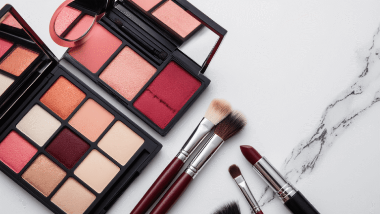 Flat lay of Hu Tao cosplay makeup essentials on white marble: pale foundation, reddish-brown eyeshadow palette, black eyeliner, false lashes, dark red lipstick, and professional brushes, all presented in soft studio lighting.