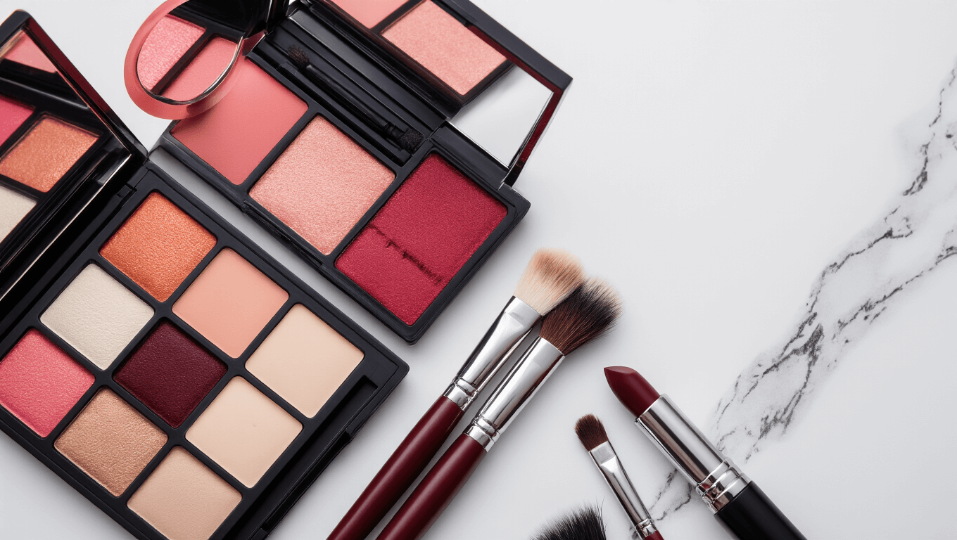 Flat lay of Hu Tao cosplay makeup essentials on white marble: pale foundation, reddish-brown eyeshadow palette, black eyeliner, false lashes, dark red lipstick, and professional brushes, all presented in soft studio lighting.