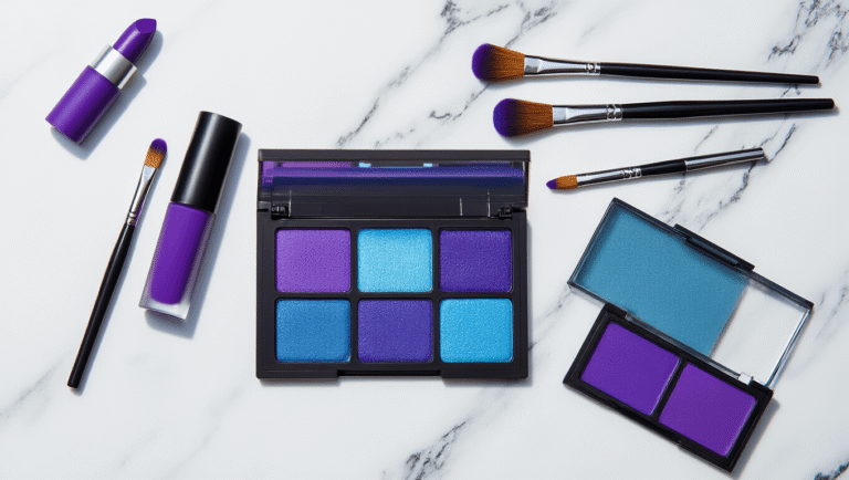 Flatlay of Jinx cosplay makeup essentials on a white marble surface, featuring matte purple lipstick, blue body paint, cool-toned contour palette, liquid eyeliners, and precision brushes, illuminated by warm studio lighting.