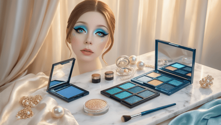 Ethereal cosplay makeup scene featuring blue-teal eyeshadow palettes, iridescent highlighters, and cool-toned foundations on a white marble vanity, illuminated by soft golden hour light, with precision brushes and shimmering cosmetics arranged artfully.